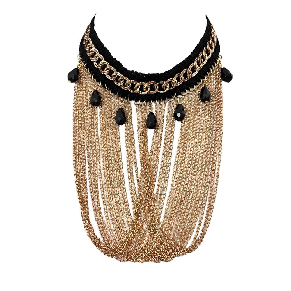New Swag Gold Tone Necklace Black Crystals Statement - 11R
